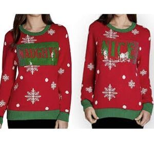 To Be Jolly New Naughty Nice Reversible Sequin Ugly Knit Red Christmas Sweater